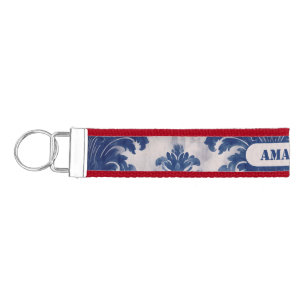 Elegant damask Blue toile de jouy monogram Wrist Keychain