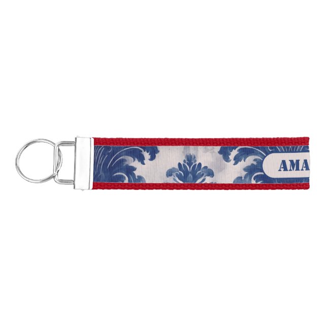 Elegant damask Blue toile de jouy monogram Wrist Keychain (Keys on Left)