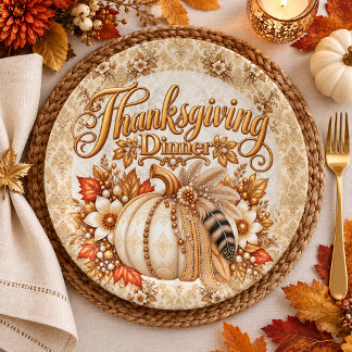 Elegant Damask Boho Pumpkin Thanksgiving Dinner Paper Plates