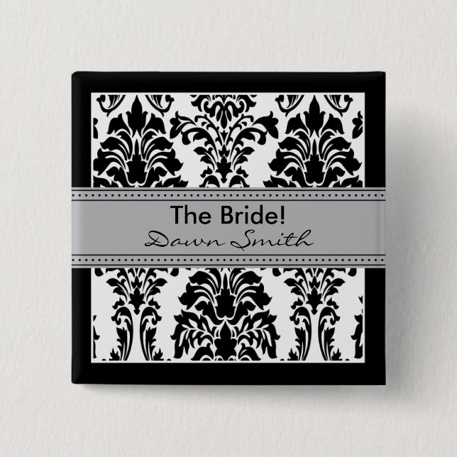 Elegant Damask Bridal Party Button (grey) (Front)
