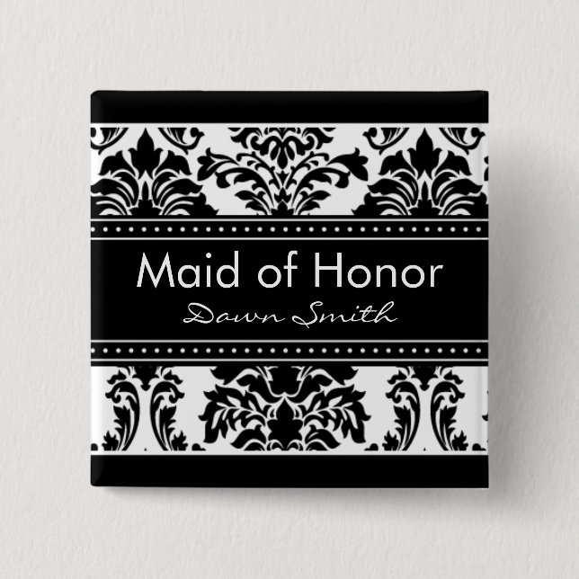 Elegant Damask Bridal Party Button - Maid of Honor (Front)