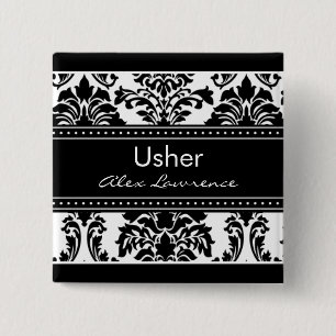 Elegant Damask Bridal Party Button - Usher