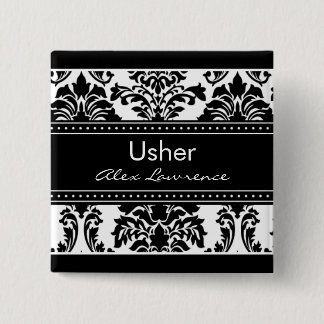 Elegant Damask Bridal Party Button - Usher