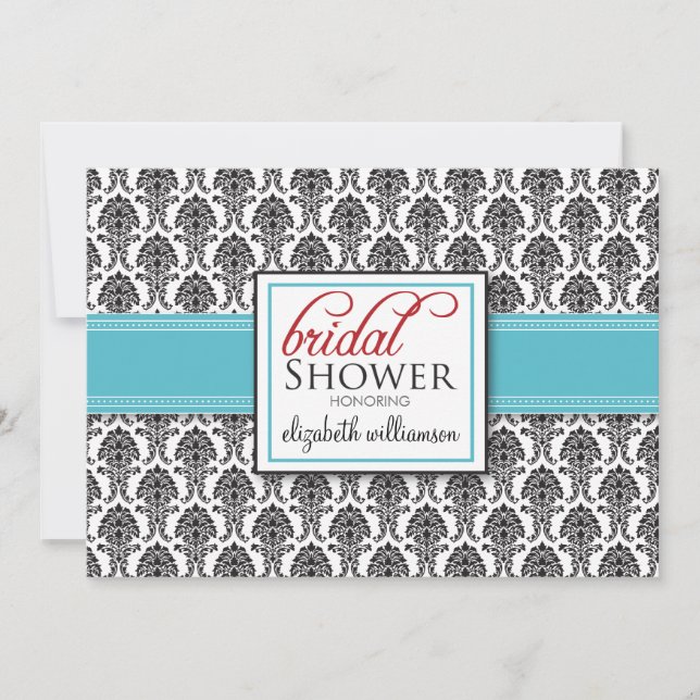 Elegant Damask Bridal Shower Invitation (aqua/red) (Front)