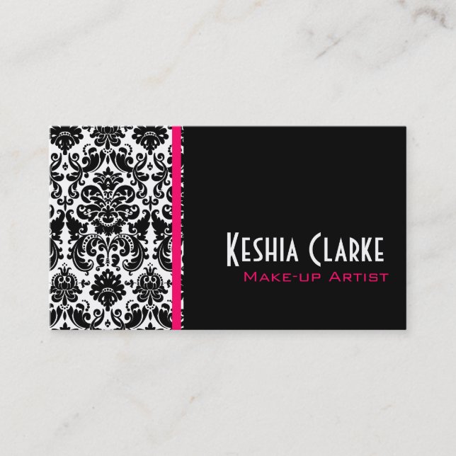 Elegant Damask Business Cards Pink Black (Front)
