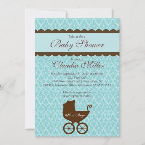 Elegant Damask Carriage Boy Baby Shower Invitation