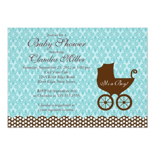 Elegant Damask Carriage Boy Baby Shower Invitation