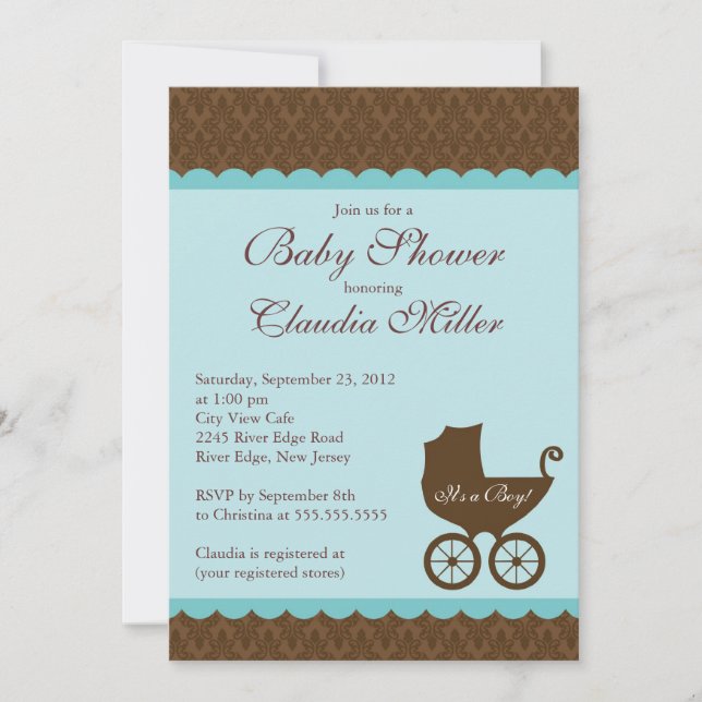 Elegant Damask Carriage Boy Baby Shower Invitation (Front)