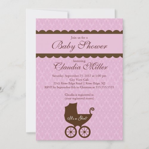 Elegant Damask Carriage Gir Baby Shower Invitation