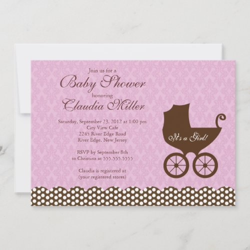 Elegant Damask Carriage Girl Baby Shower Invitation