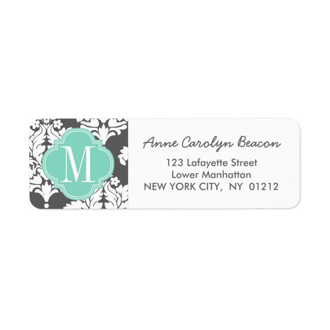 Elegant Damask Charcoal & Aqua Custom Monogrammed Label (Front)