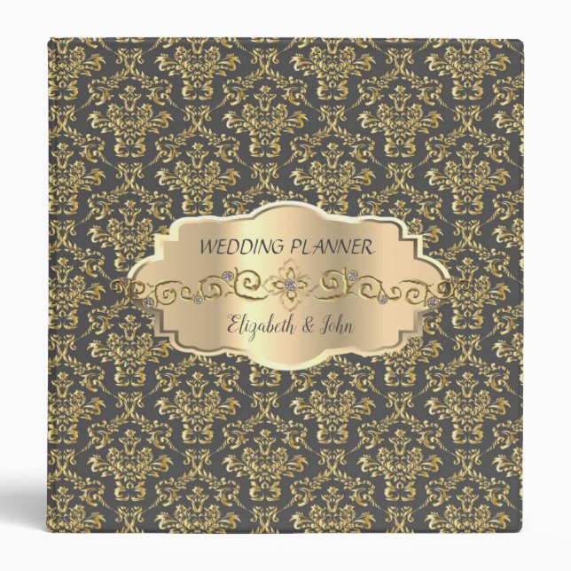 Elegant Damask,Chic ,Gold Frame 3 Ring Binder (Front)