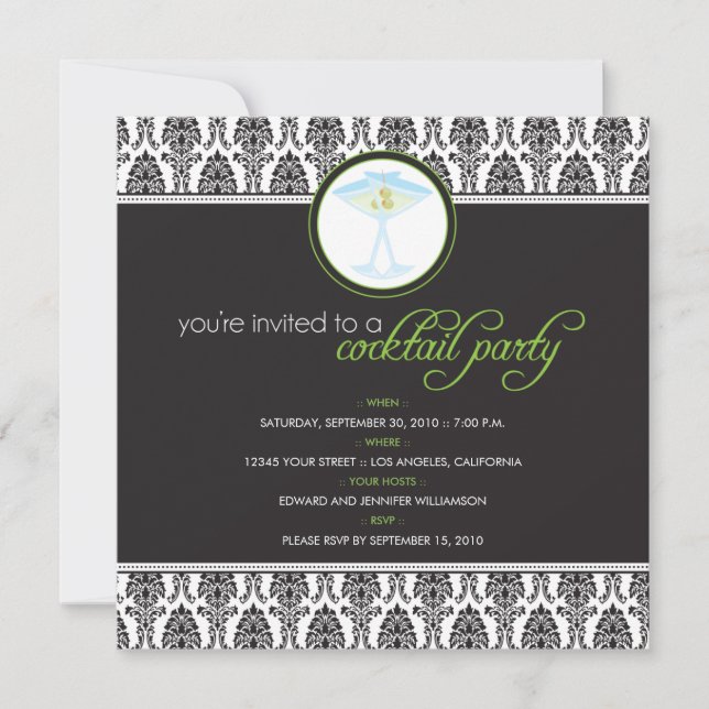 Elegant Damask Cocktail Party Invitation (lime) (Front)