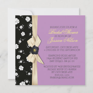 Elegant Damask Creamy Ribbon Purple Bridal Shower Invitation