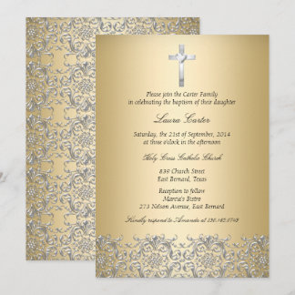 Elegant Damask Cross Gold Baptism/Christening Invitation