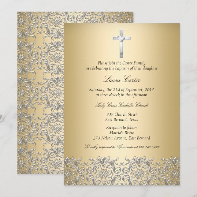 Elegant Damask Cross Gold Baptism/Christening Invitation (Front/Back)