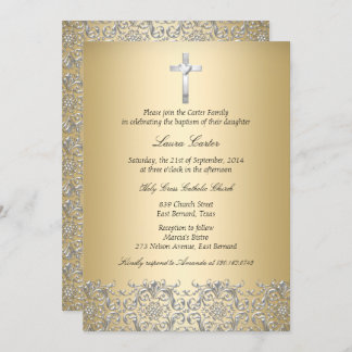 Elegant Damask Cross Gold Baptism/Christening Invitation