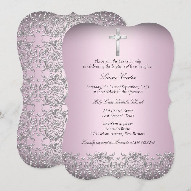 Elegant Damask & Cross Pink Baptism/Christening 2 Invitation (Front/Back)