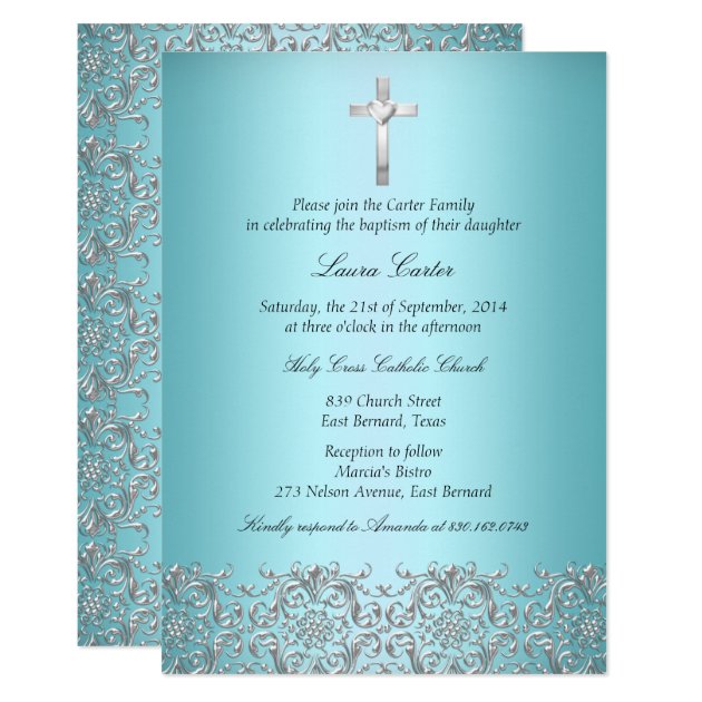 Elegant Damask & Cross Teal Baptism/Christening Invitation