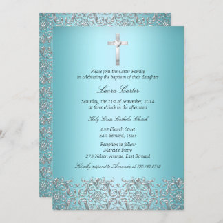 Elegant Damask & Cross Teal Baptism/Christening Invitation