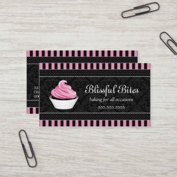 Elegant Damask Cupcake Bakery Business Card by SocialiteDesigns at Zazzle