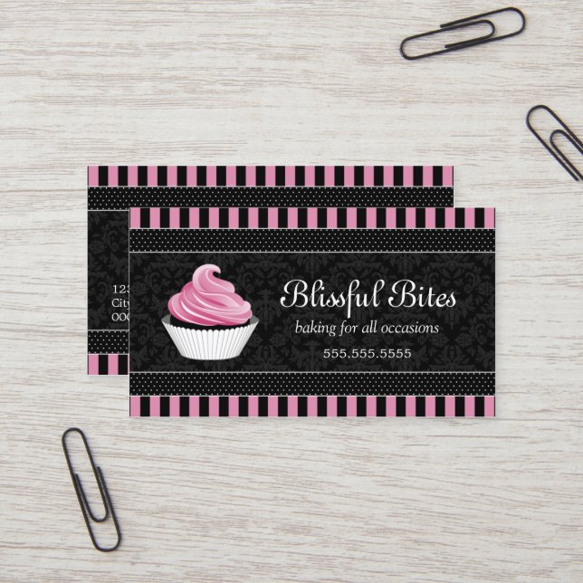 Elegant Damask Cupcake Bakery Business Card (Front/Back In Situ)