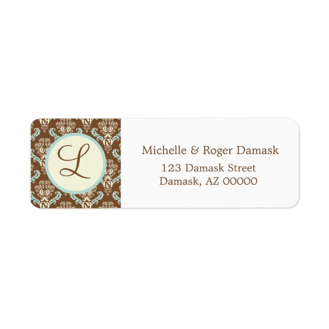 Elegant Damask Custom Monogram Brown White Blue Label (Front)