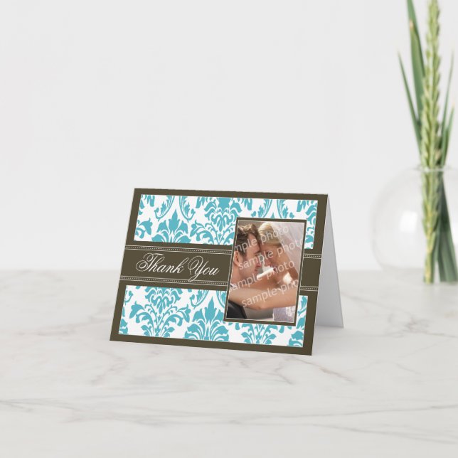 Elegant Damask Custom Thank You Card (aqua/brown) (Front)