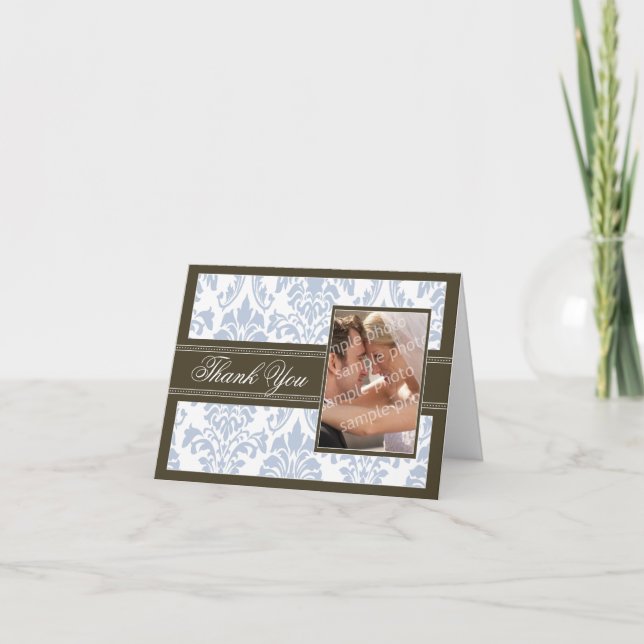 Elegant Damask Custom Thank You Card (ice/brown) (Front)