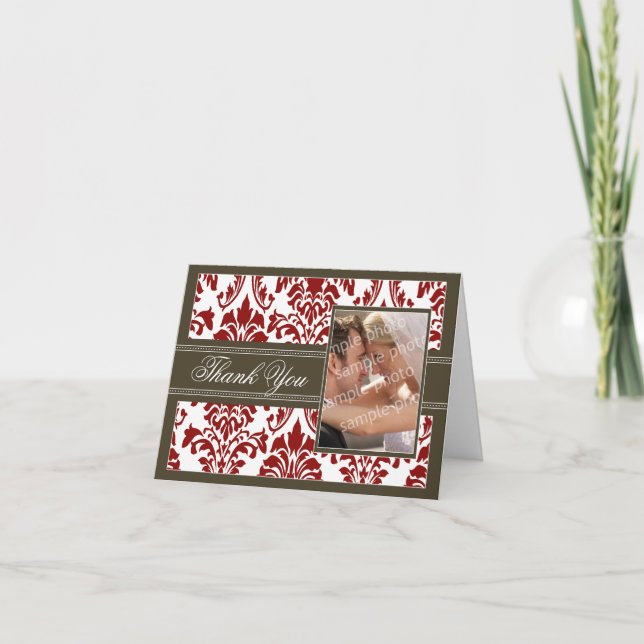 Elegant Damask Custom Thank You Card (red/brown) (Front)