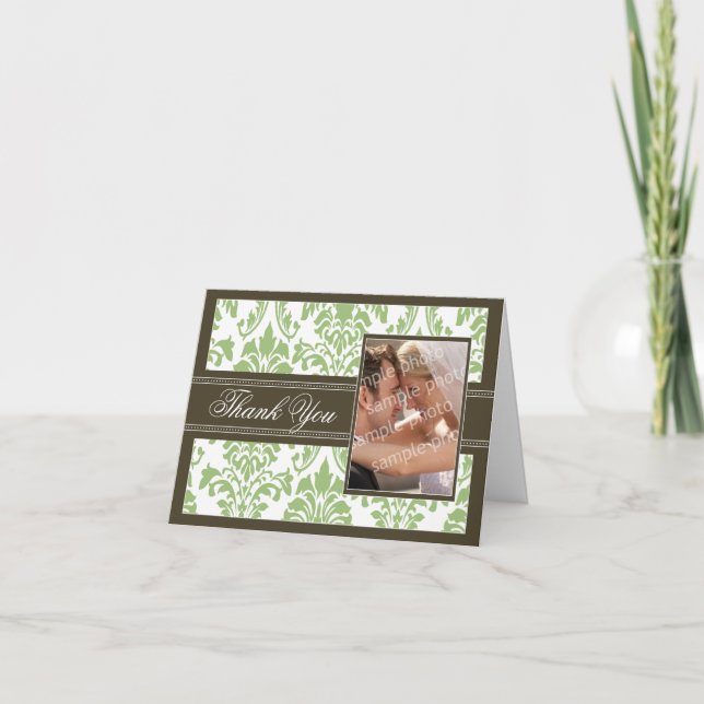 Elegant Damask Custom Thank You Card (sage/brown) (Front)