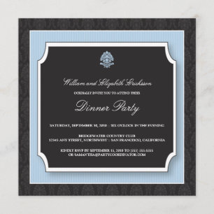 Elegant Damask Dinner Party Invitation (blue)