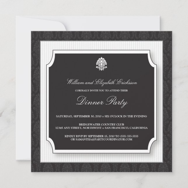 Elegant Damask Dinner Party Invitation (white) (Front)