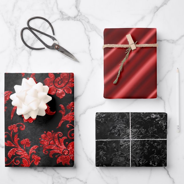 Elegant Damask Faux Velvet Red Black Gift Wrapping Paper Sheets (Front)