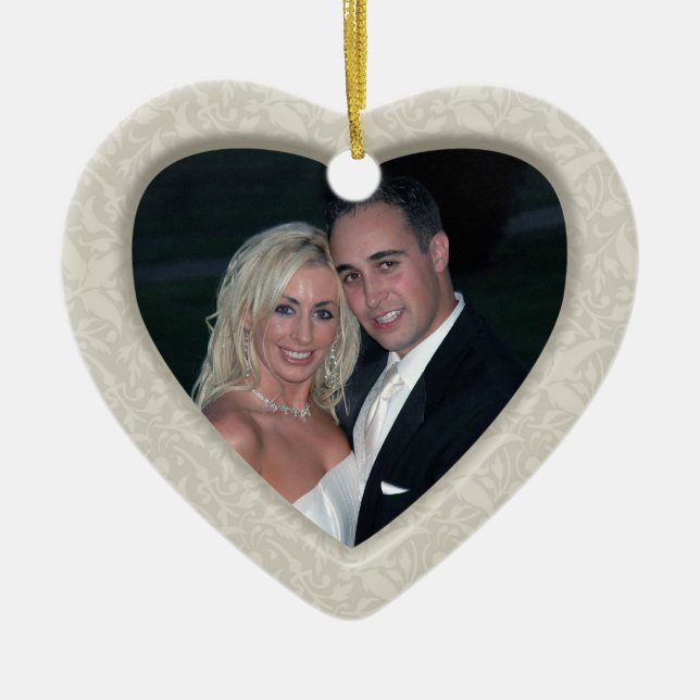 Elegant Damask First Christmas Photo Ornament (Front)