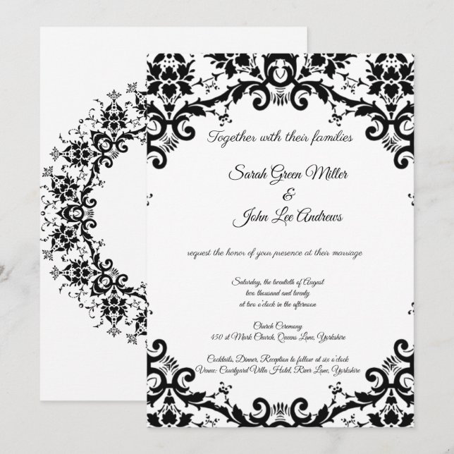 Elegant Damask Floral Black & White Wedding Invitation (Front/Back)