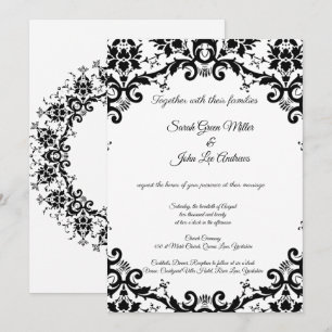 Elegant Damask Floral Black & White Wedding Invitation