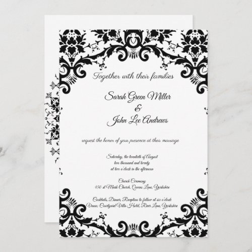 Elegant Damask Floral Black  White Wedding Invitation