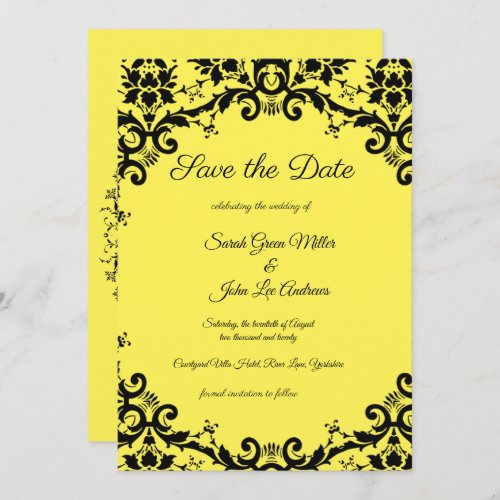 Elegant Damask Floral Black  Yellow Wedding  Save The Date