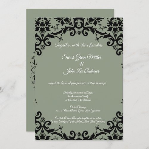 Elegant Damask Floral Sage Green Wedding  Invitation