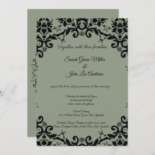 Elegant Damask Floral Sage Green Wedding  Invitation