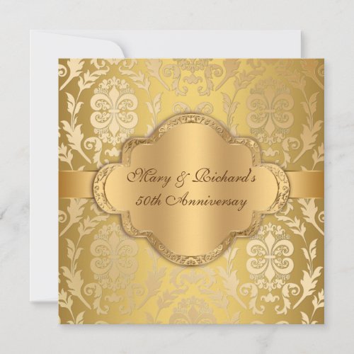 Elegant Damask Floral Swirl Gold 50th Anniversary Custom Invitations