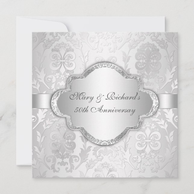 Elegant Damask Floral Swirl Silve 25th Anniversary Invitation (Front)