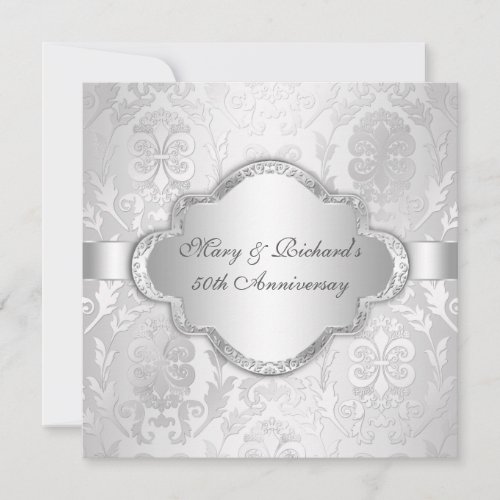 Elegant Damask Floral Swirl Silve 25th Anniversary Custom Invitation