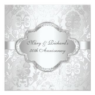 Elegant Damask Floral Swirl Silve 25th Anniversary Invitation