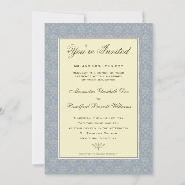 Elegant Damask Formal Wedding Invitation :: blue (Front)