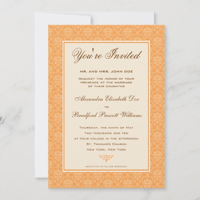 Elegant Damask Formal Wedding Invitation :: coral (Front)