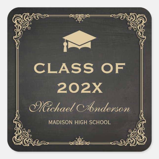 Elegant Damask Frame Graduation Favor Square Sticker (Front)
