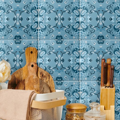 Elegant Damask Frosty Blue Winter Mosaic Pattern Ceramic Tile