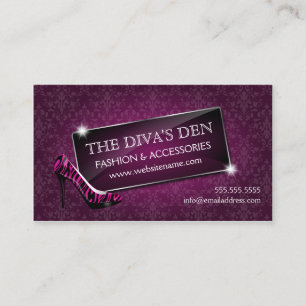 Elegant Damask Glass Jewel and Zebra Stiletto Business Card